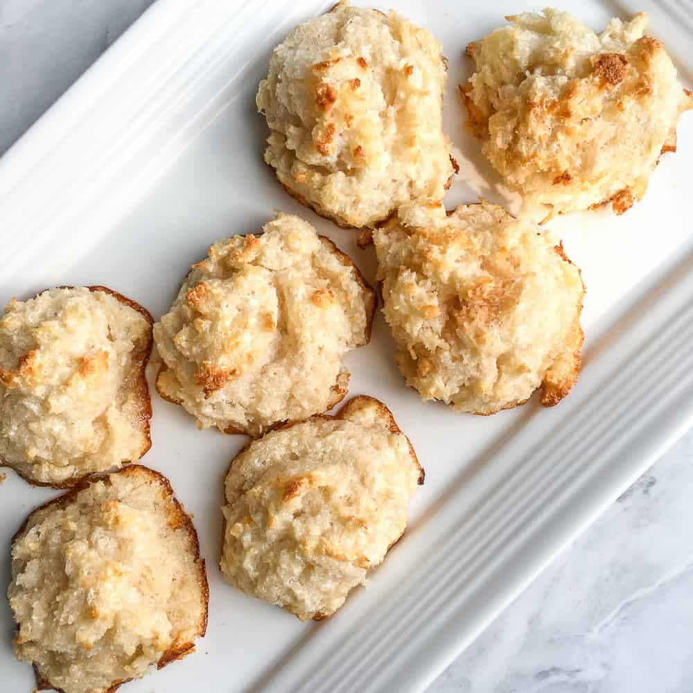 5-ingredient Coconut Macaroons served on a white rectangular platter