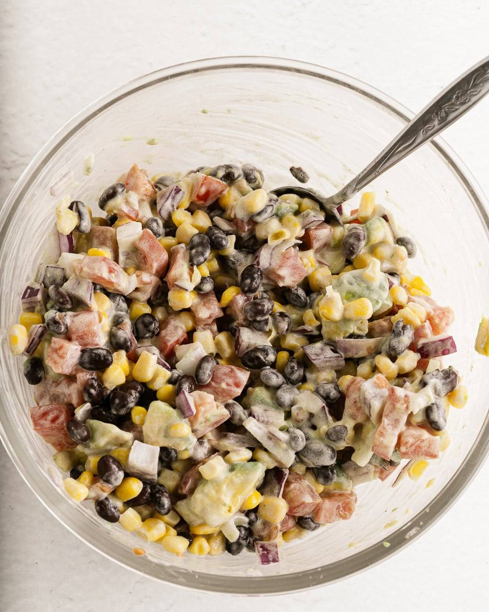 top view black bean corn avocado salad
