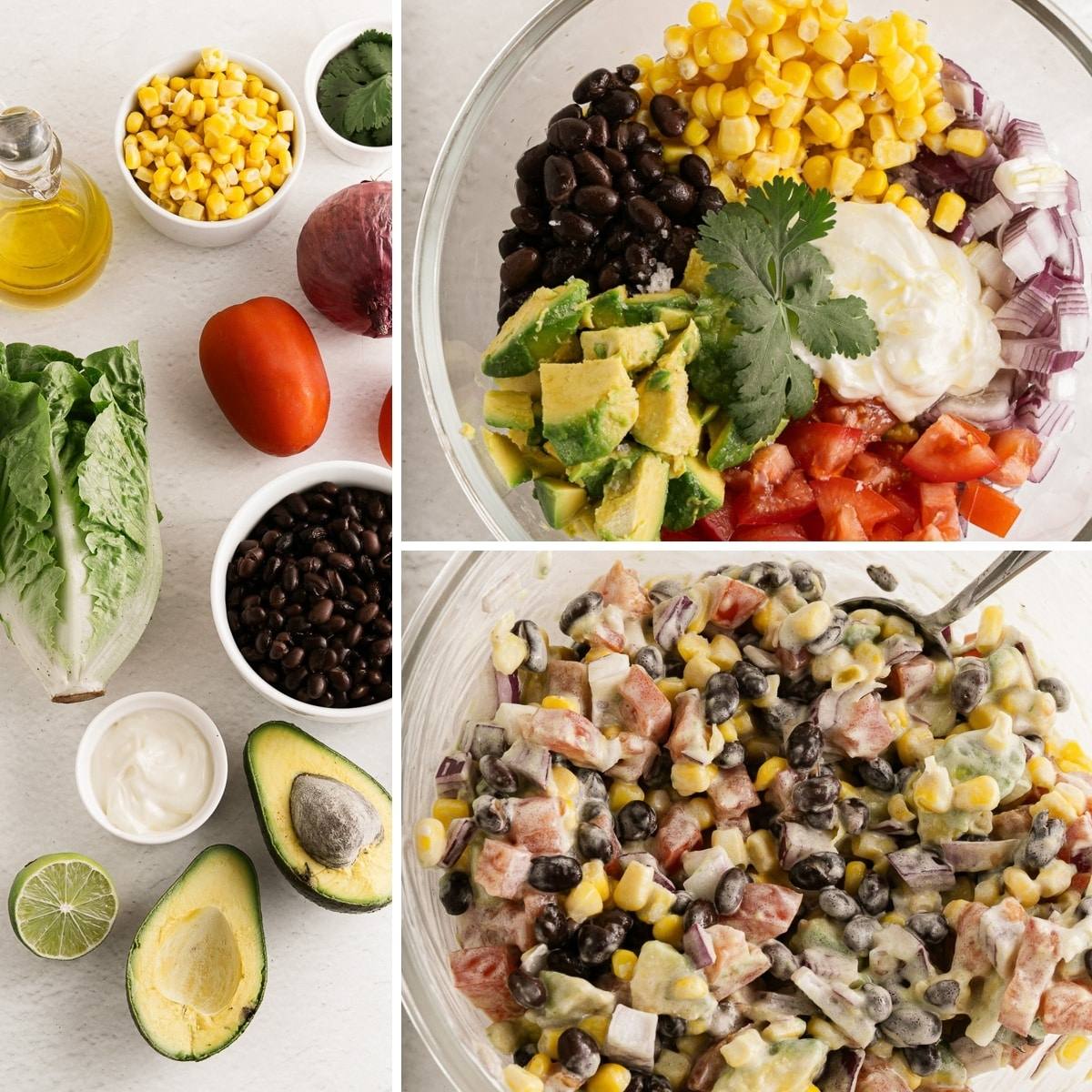 how to make black bean corn avocado salad collage