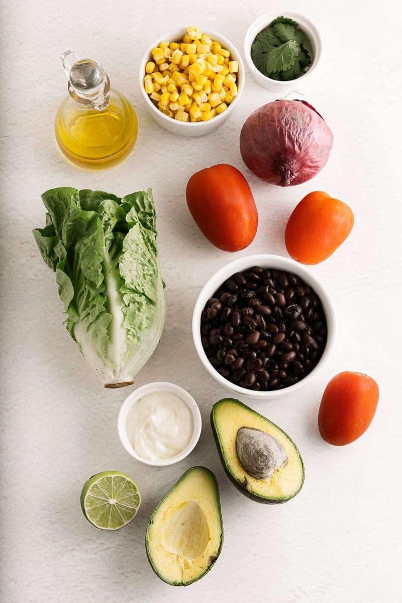 ingredients for making black bean corn avocado salad
