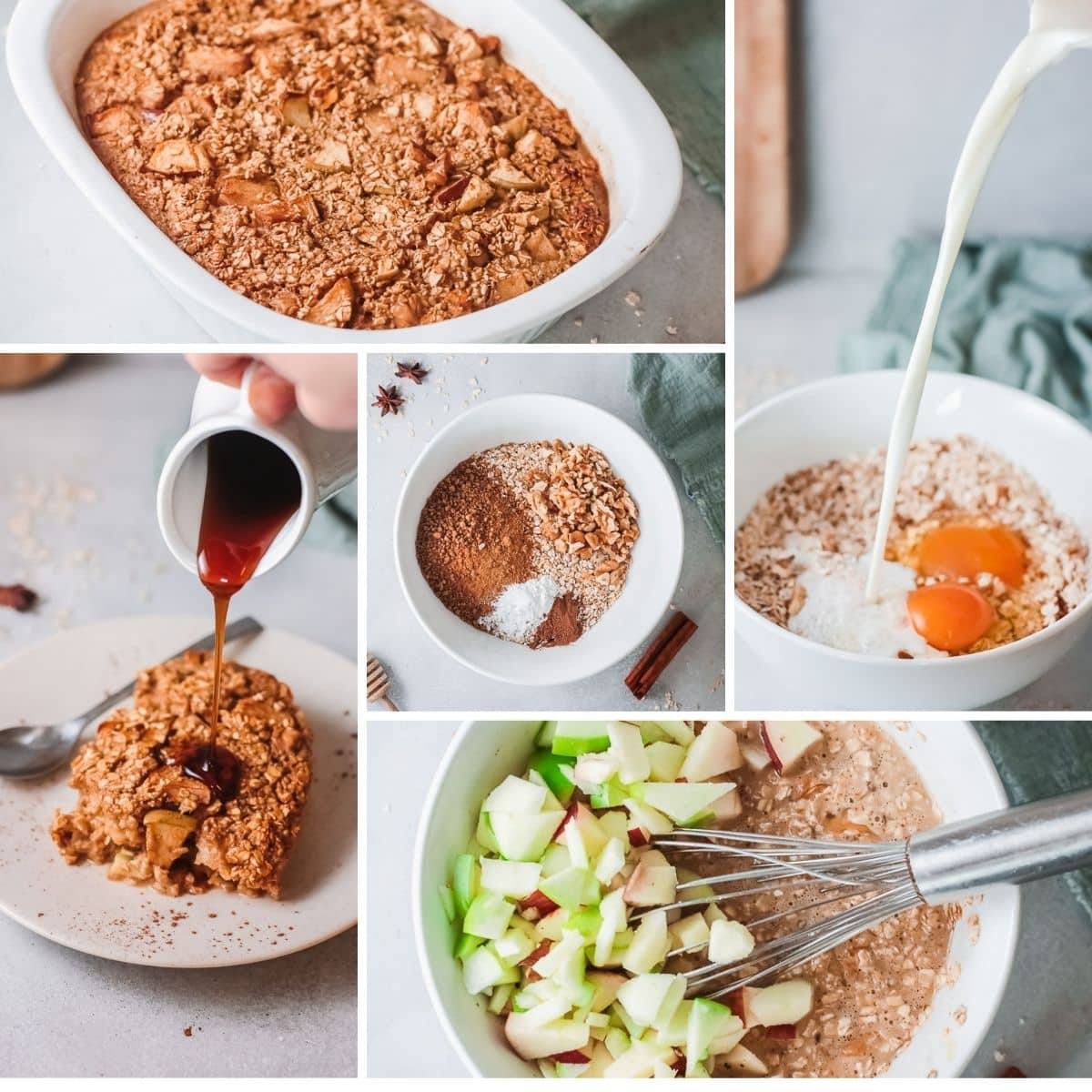 Step-by-step collage showing how to make apple baked oatmeal, from mixing the oats and cinnamon to folding in diced apples and the finished oatmeal in a baking dish