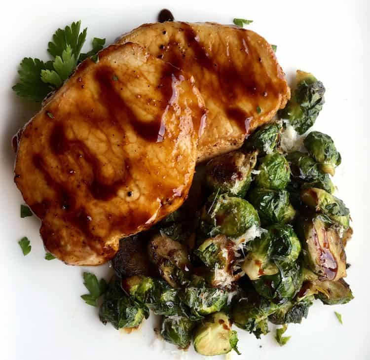 Plated Pork Chops and Brussels Sprouts