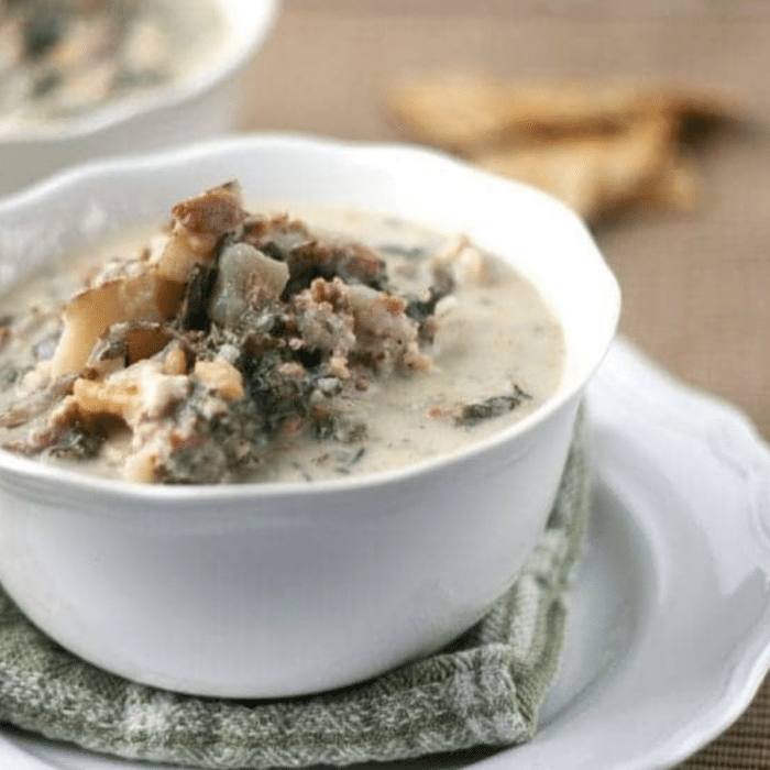 Featured image: bowl of Copycat Zuppa Toscana soup with sausage and kale, Zikug