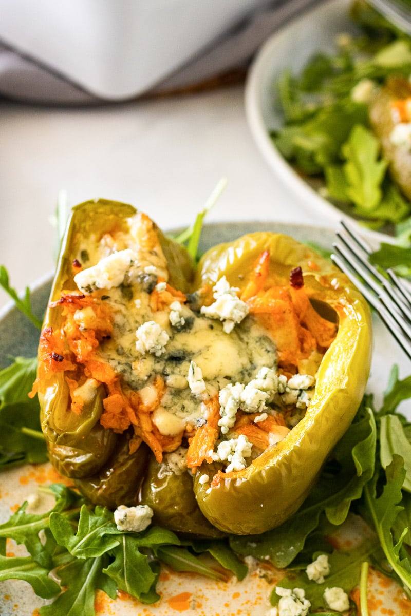 close up of buffalo chicken stuffed peppers