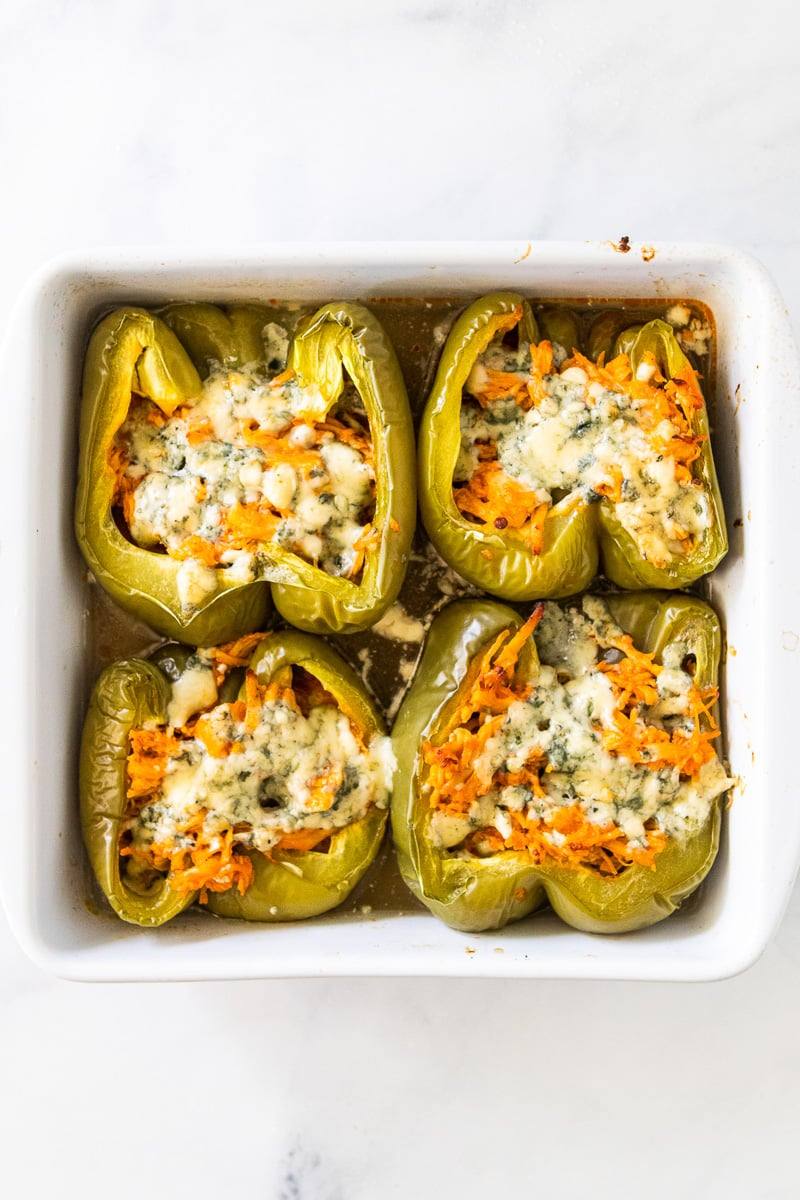 pan of buffalo chicken stuffed peppers