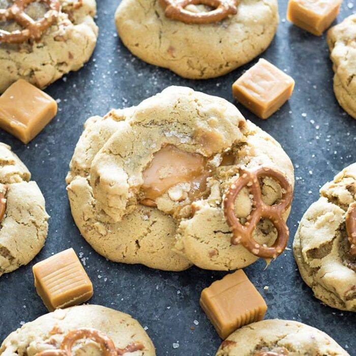 Caramel Stuffed Salted Pretzel Cookies