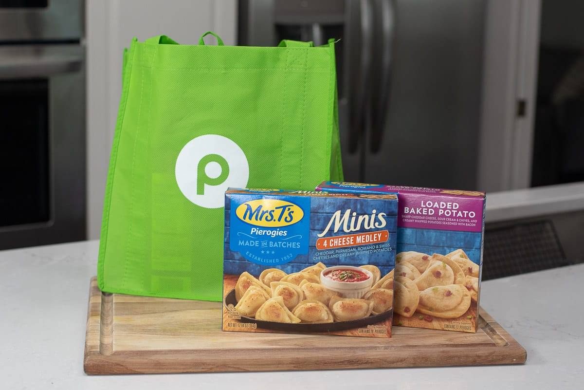 mrs t's pierogies and a publix shopping bag on the kitchen counter
