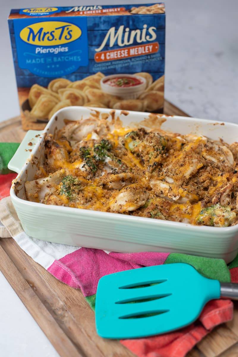 four cheese pierogy casserole in a baking dish