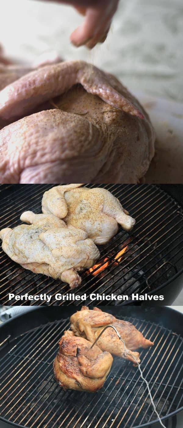 collage of photos showing the chicken halves being grilled