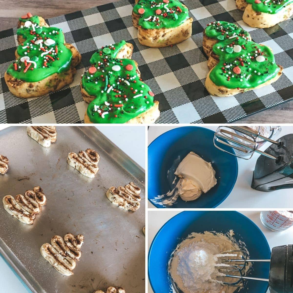 how to make christmas tree cinnamon rolls collage