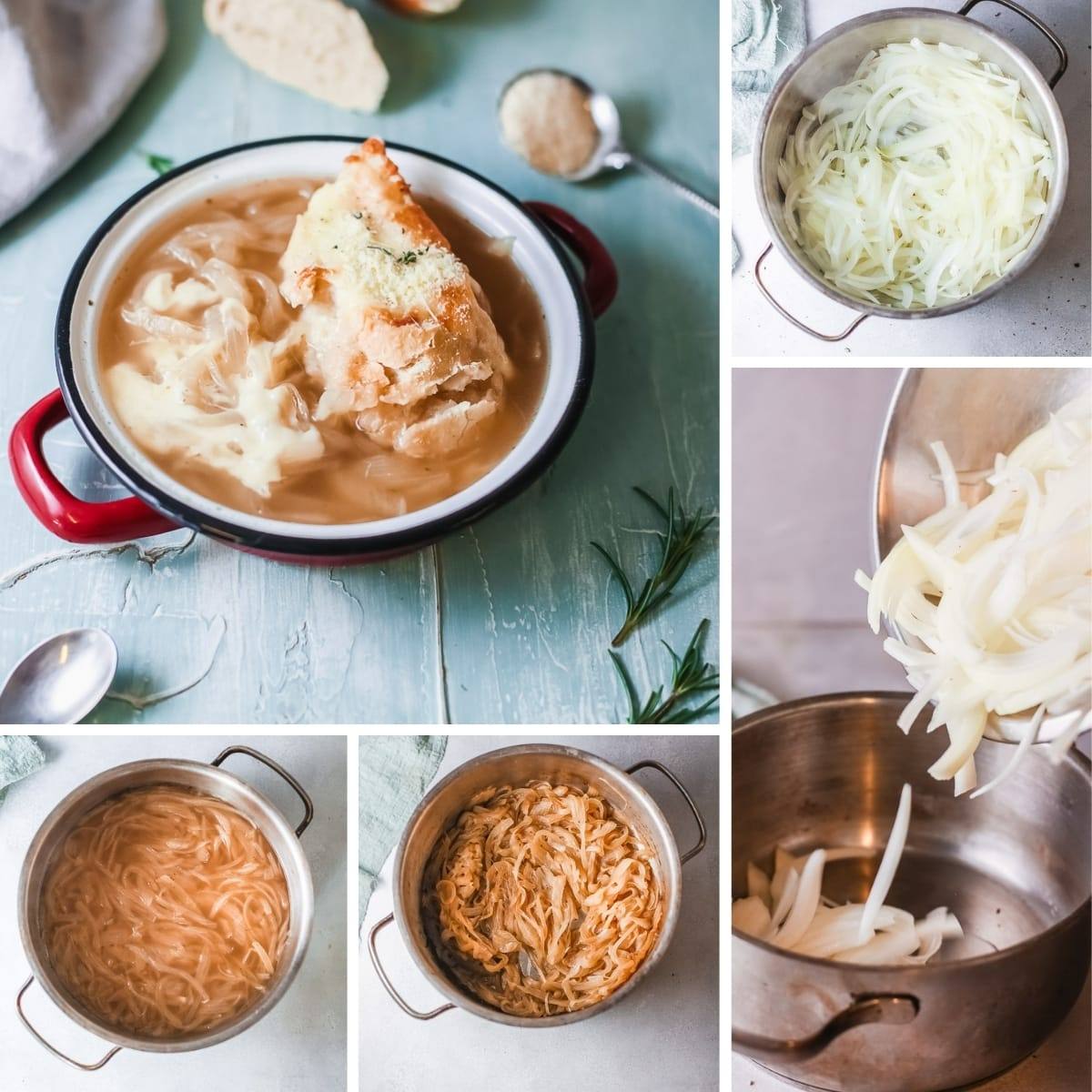 Collage of the steps for caramelizing onions for Panera French onion soup
