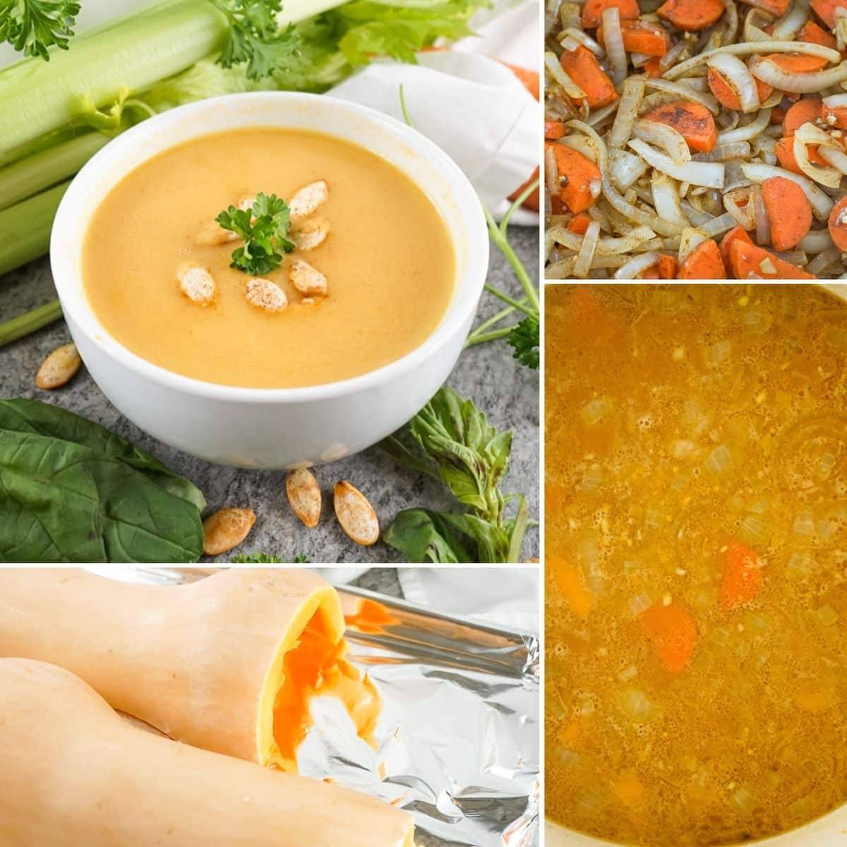 Step-by-step collage showing roasted butternut squash, sauteed vegetables, and simmering soup for copycat Panera autumn squash soup