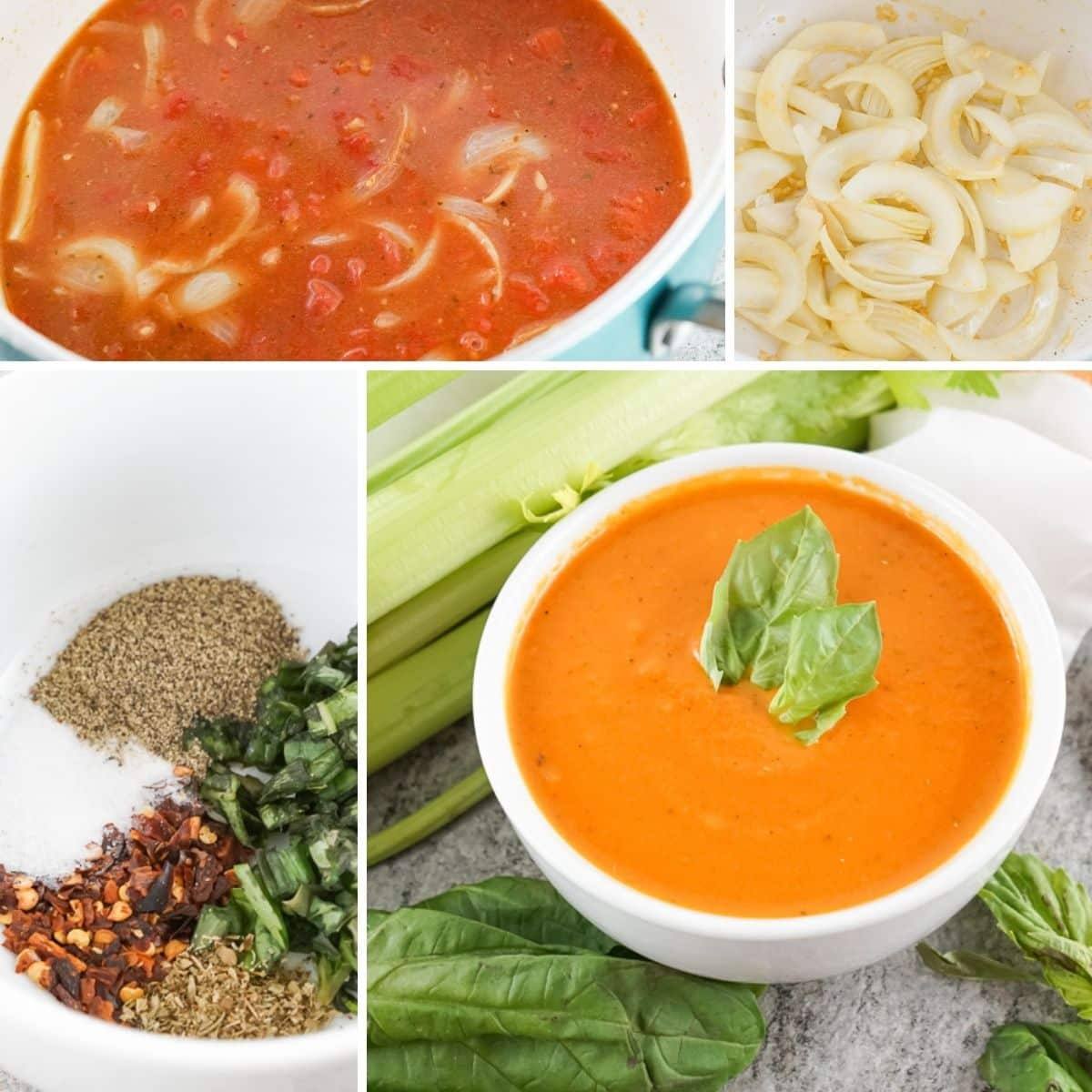 Step-by-step collage showing how to make copycat Panera tomato soup
