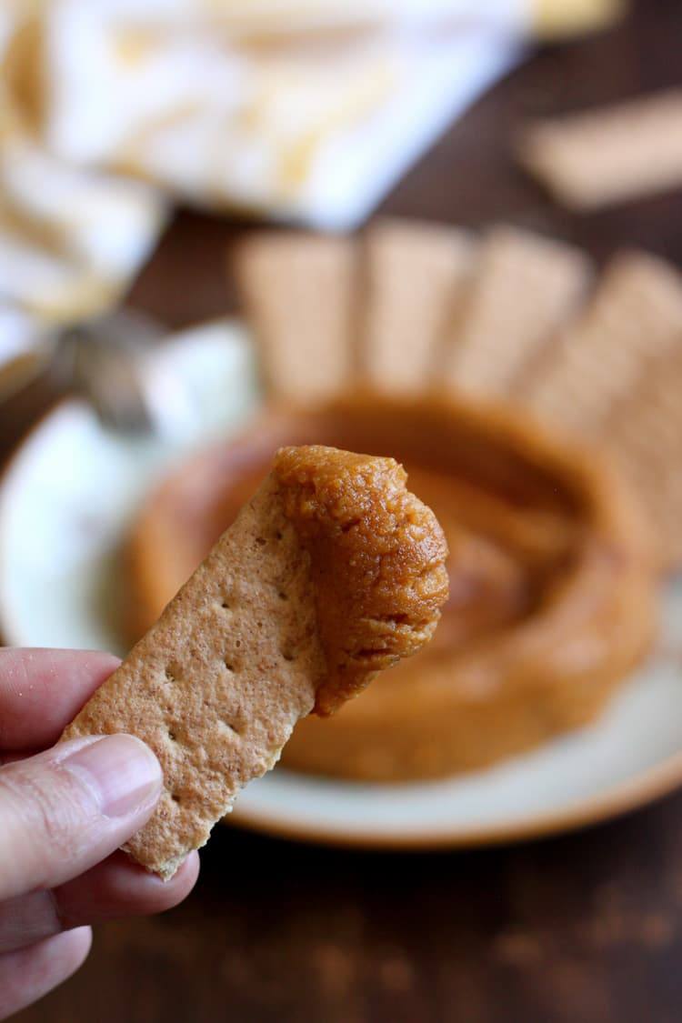 Graham cracker dipped into dessert pumpkin hummus