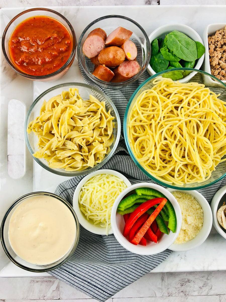 close up top view of diy pasta bar components