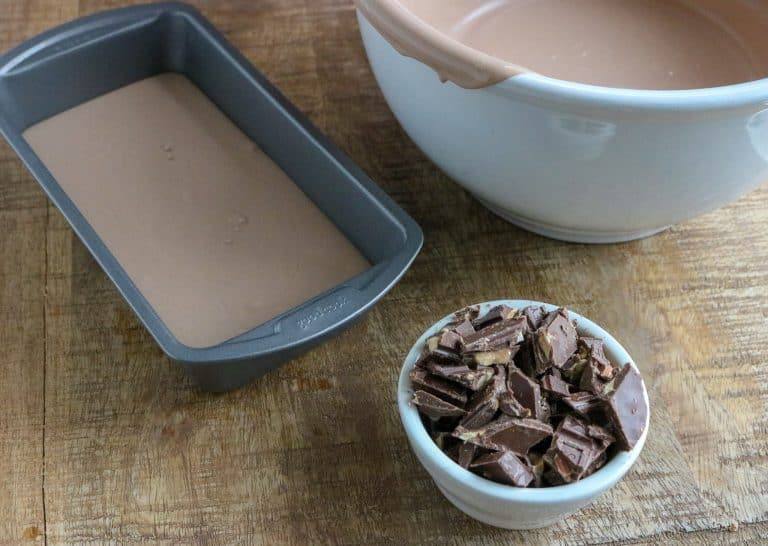 Mixed no churn ice cream mixture in a bread pan before freezing with mix-ins.