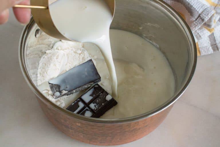 Sugar, flour, milk, and chopped up chocolate in 2 quart saucepan.