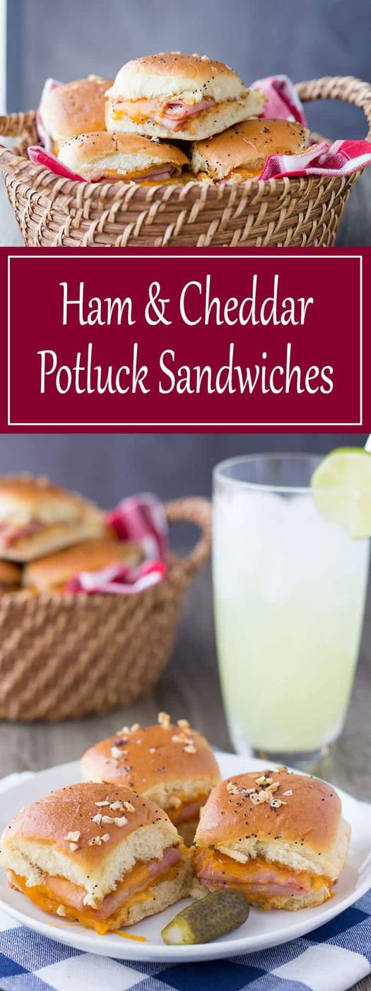 Ham & Cheddar Potluck Sandwiches pin showing a basket of sliders and a plate of sandwiches next to a glass of lemonade