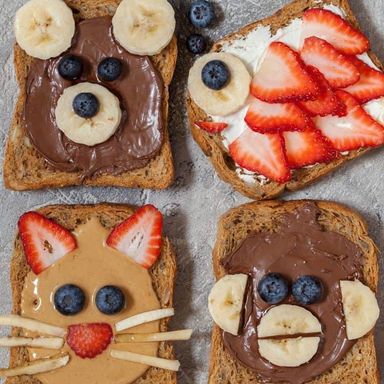 overhead view of the cute animal face toasts that I made
