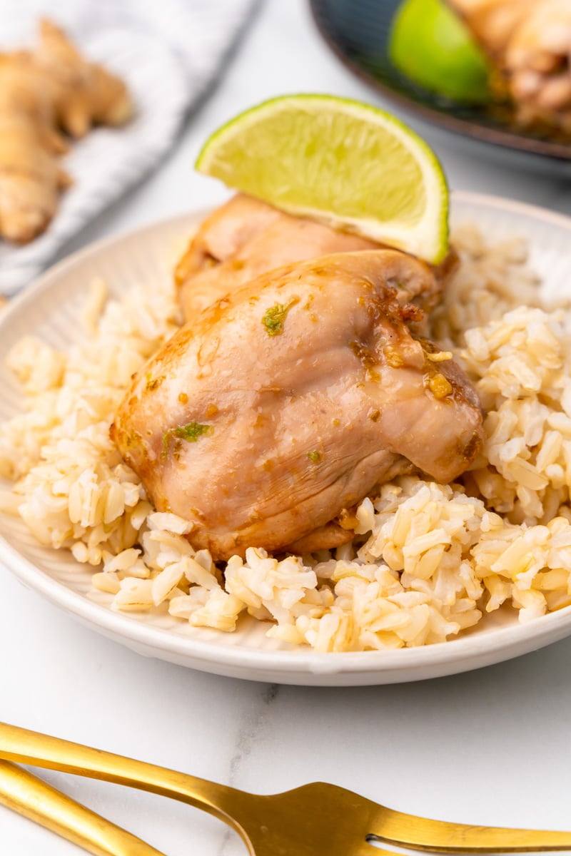 ginger lime chicken being served with rice