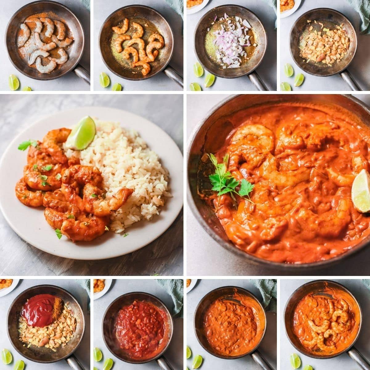collage showing how to make indian shrimp curry