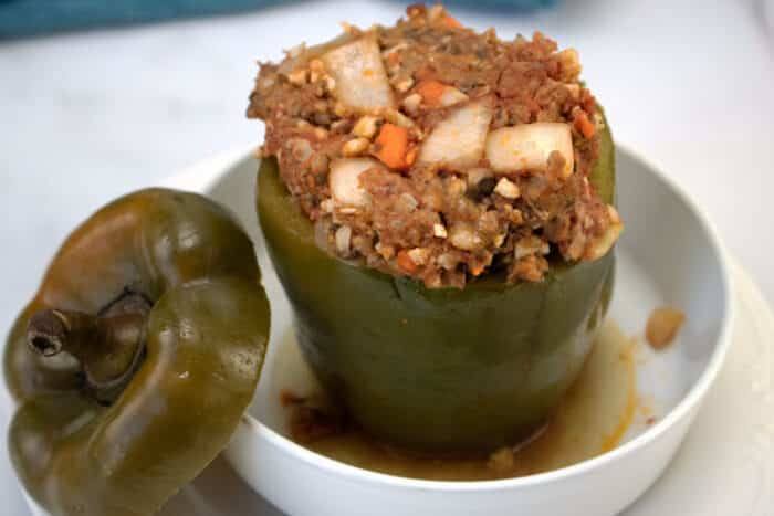stuffed bell pepper in white bowl