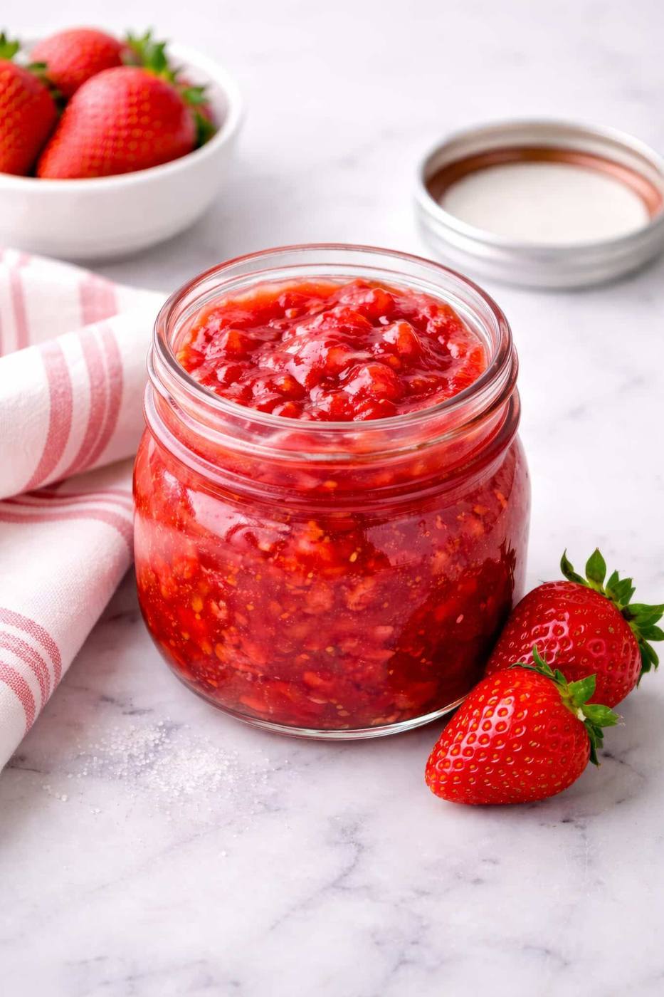 strawberry freezer jam in a mason jar
