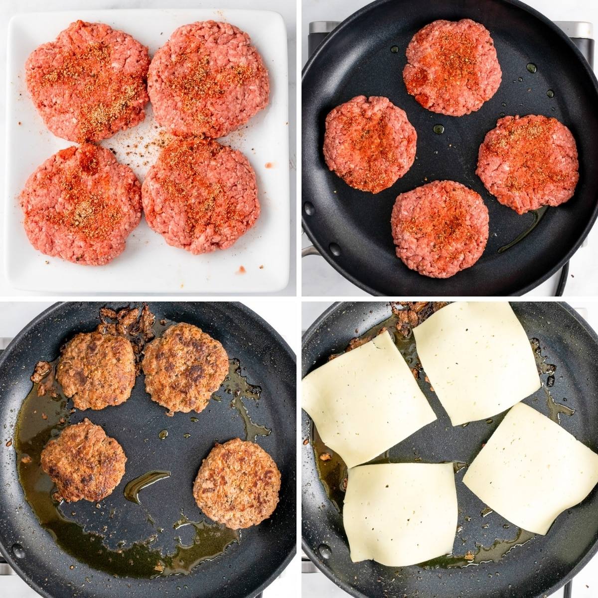 collage of how to make burgers on the stove
