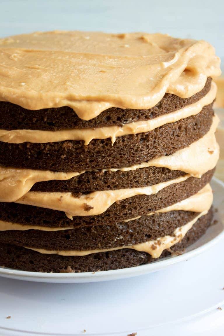Six thin chocolate cake layers stacked with pumpkin cream cheese filling between each layer