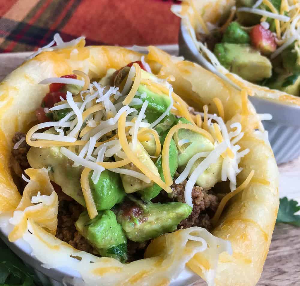 Close up of the completed Low Carb Taco Cups with Avocado Salsa