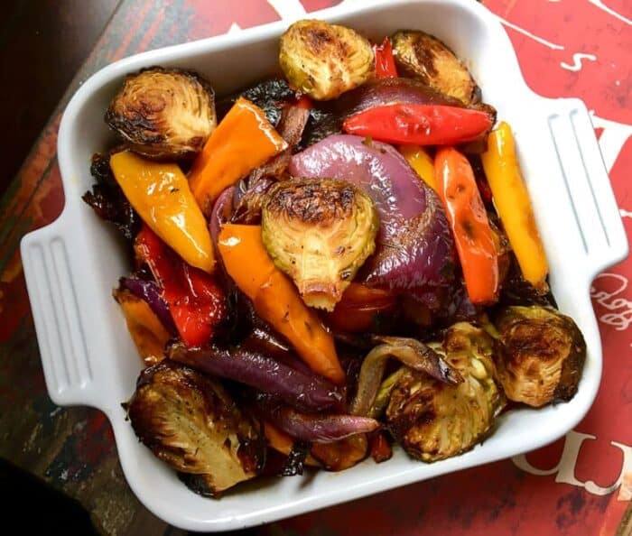 Mediterranean roasted vegetables in white square pan