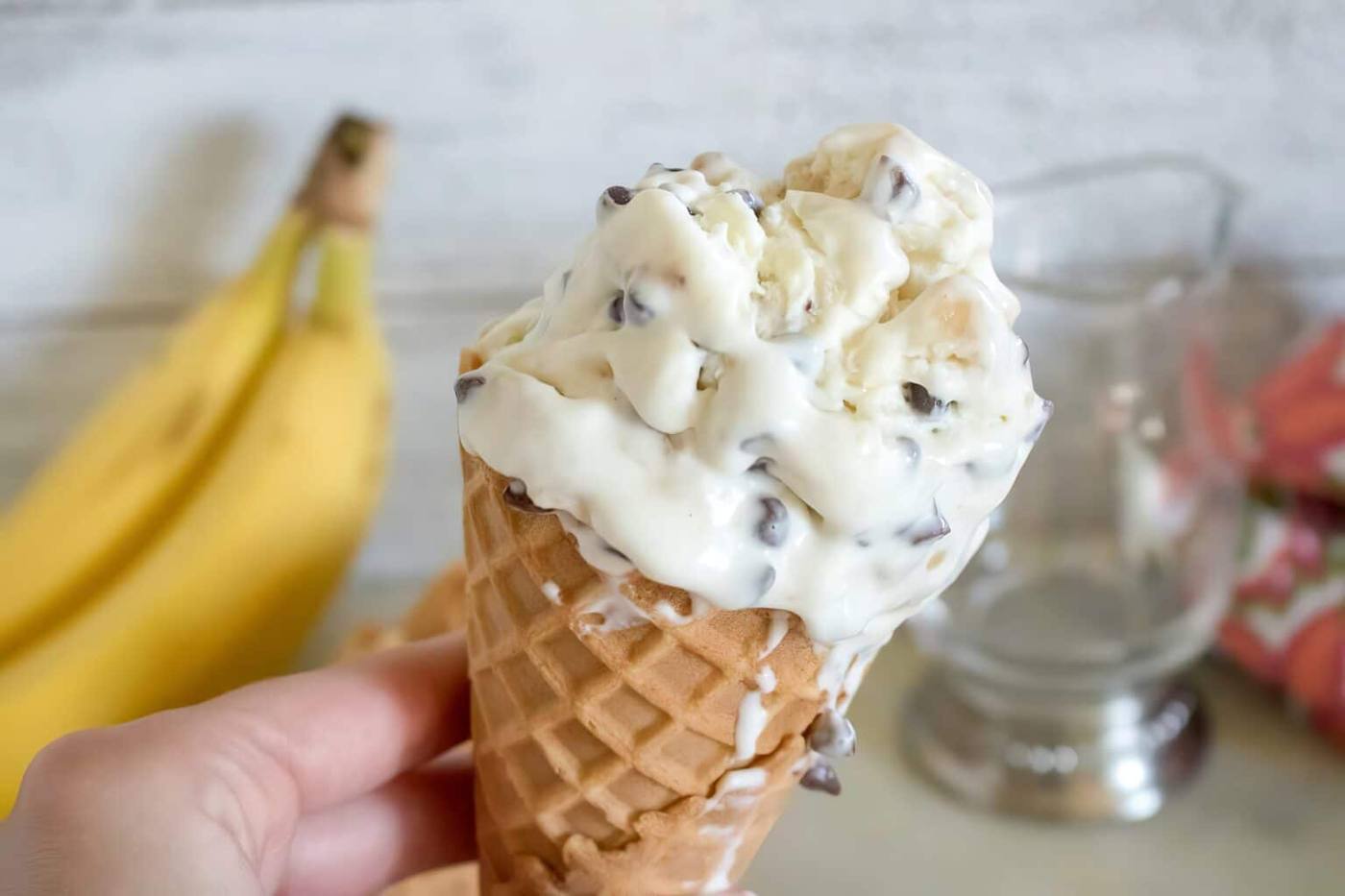 banana chocolate chip ice cream in a cone