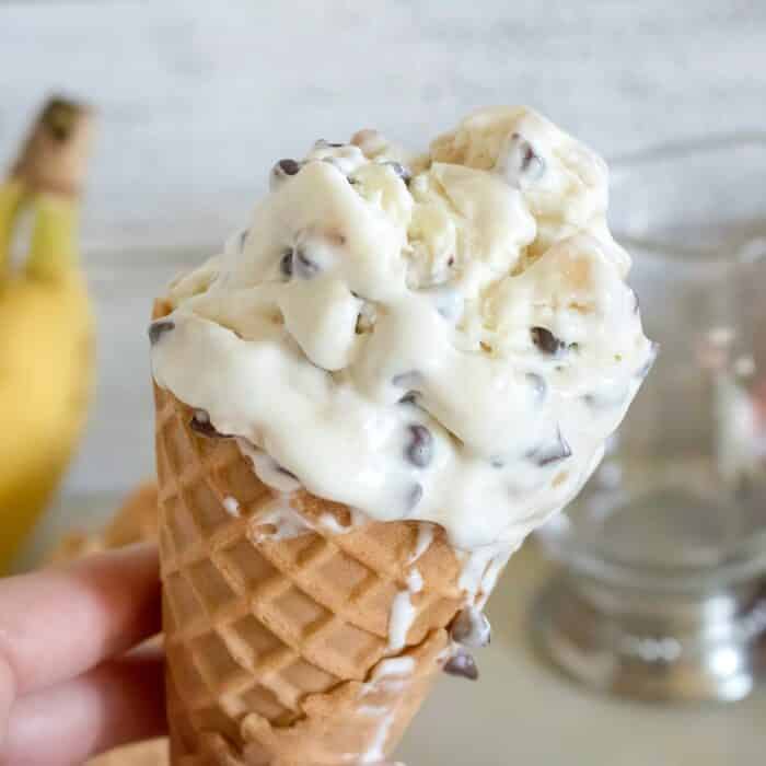banana chocolate chip ice cream in a cone