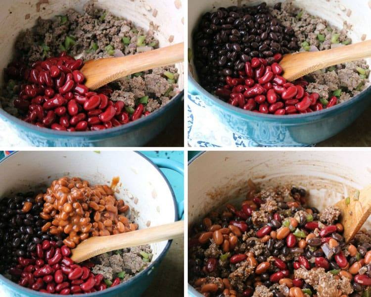 Adding kidney beans, black beans, and chili beans to the pot