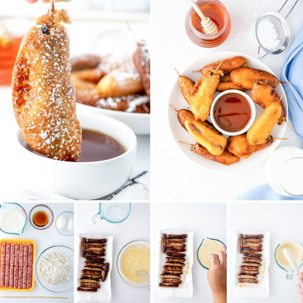 collage showing the steps I followed to make pancakes and sausages on a stick