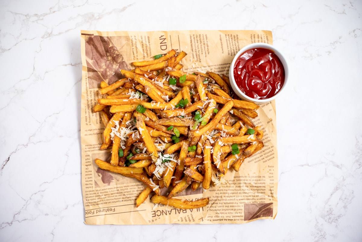 overhead photo of the truffle fries being served