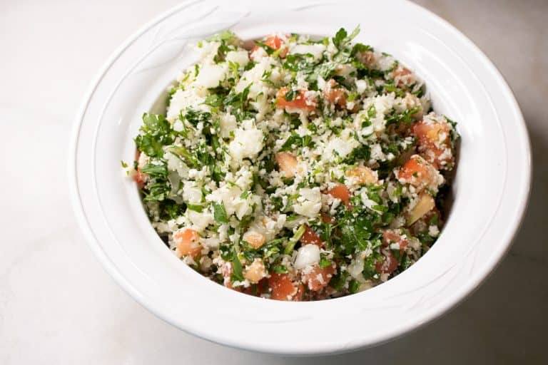 Pico de Gallo Cauliflower Rice in a white serving bowl