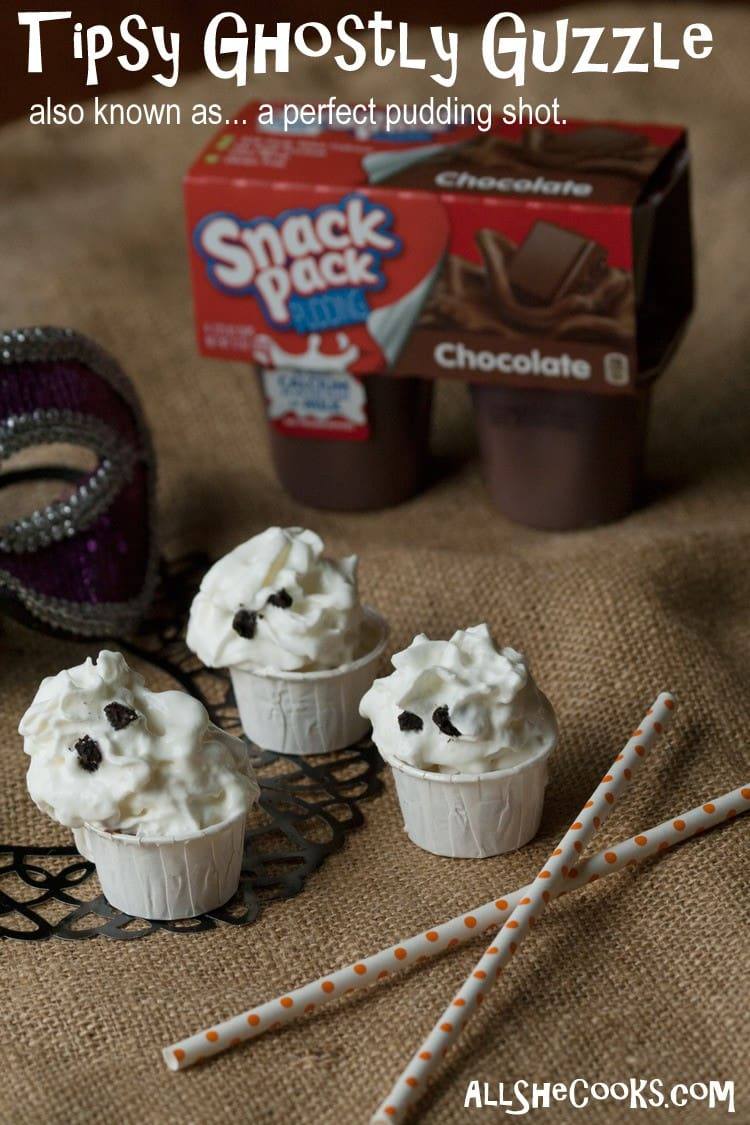 Tipsy Ghostly Guzzle Halloween pudding shots with Snack Pack chocolate pudding