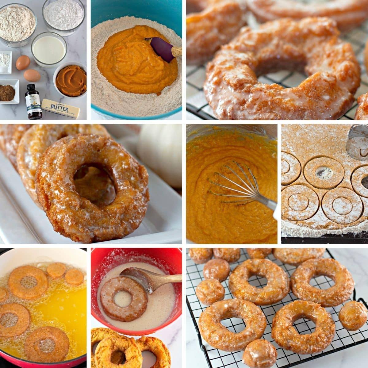 Step-by-step collage showing how to make pumpkin donuts