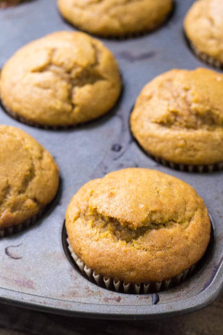 Freshly baked pumpkin muffins cooling in a muffin pan