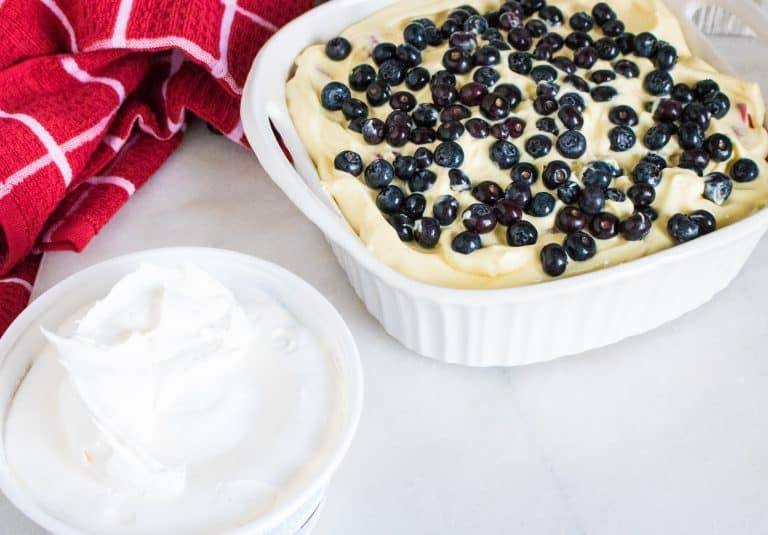 Layer of pudding and blueberries added with whipped topping on the side