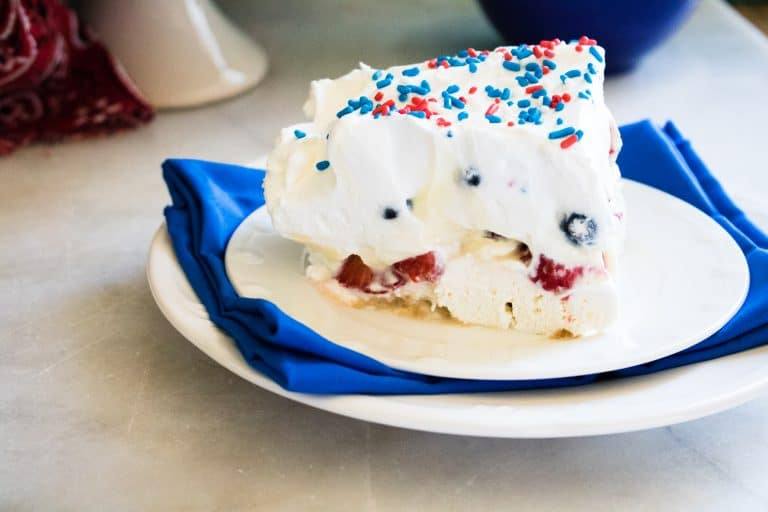 Red White & Blue Dessert Lasagne served on a plate