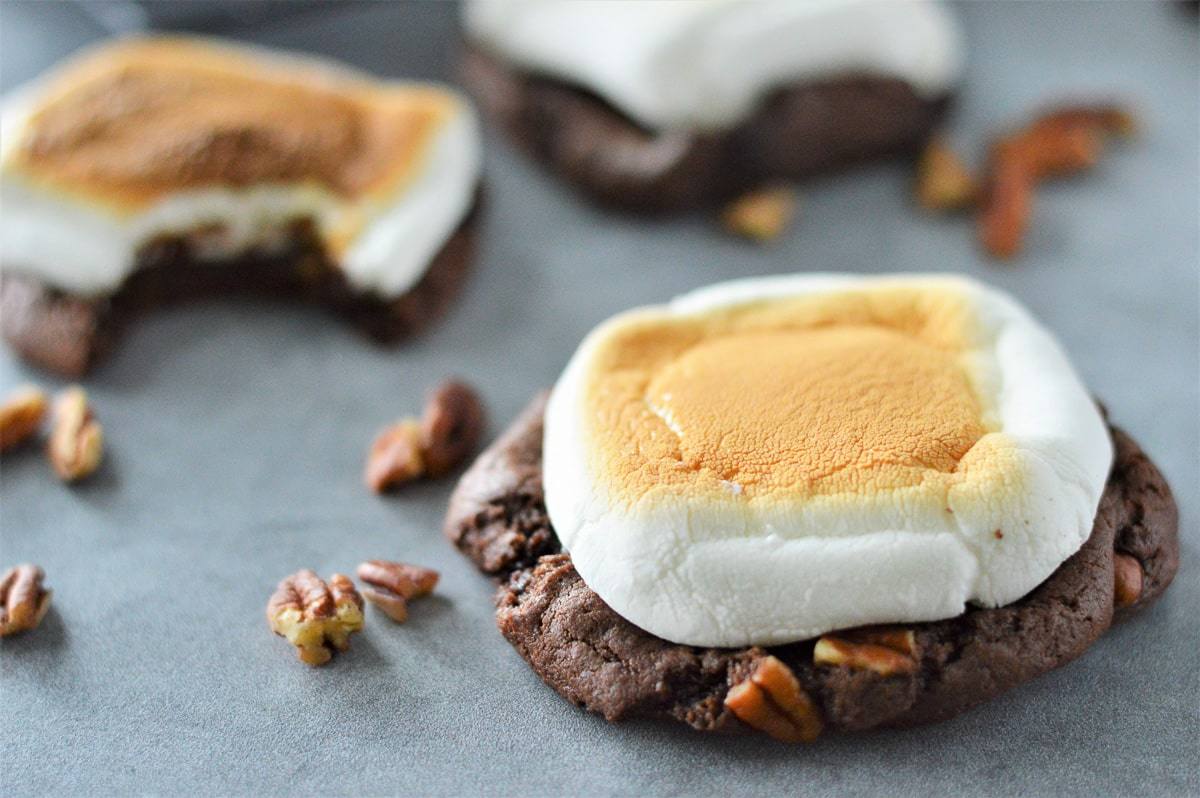 rocky road cookie with half-eaten cookie in background