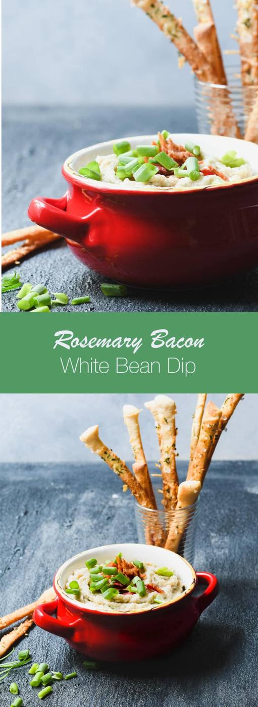This Rosemary White Bean Dip is topped with Bacon and served with parmesan breadsticks for the ultimate party appetizer!