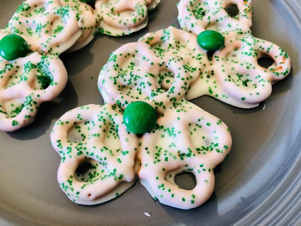 plate of four shamrock pretzels