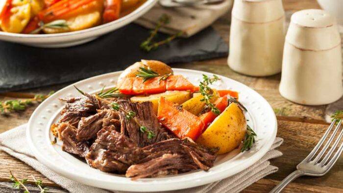 Easy Weeknight Meals. Making Pot Roast in the slow cooker is just about the easiest dinner that you can make. Learn how to make this crock pot meal in no time. It's an easy weeknight meal because you can toss all the ingredients in the slow cooker in the morning and have dinner ready when you get home.