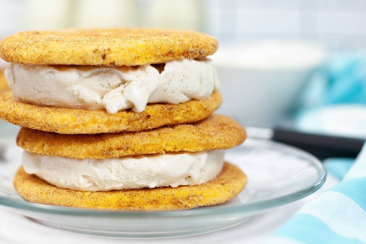 side view of two Snickerdoodle Ice Cream Sandwiches stacked on clear plate