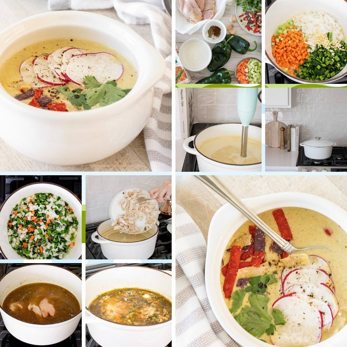 Step-by-step collage showing how to make creamy chicken poblano soup