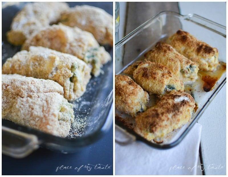 Bread crumb coated stuffed chicken rolls in a baking dish before and after baking until golden brown