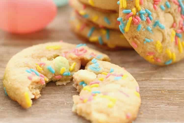 split spring cookies in front of spring cookies stack in foreground